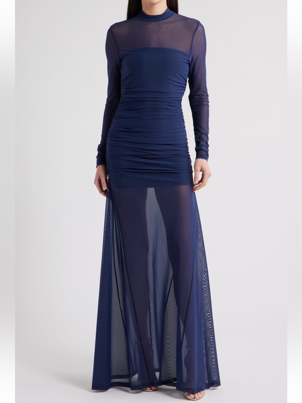 Elvira long sleeve sheer gathered mesh evening gown
